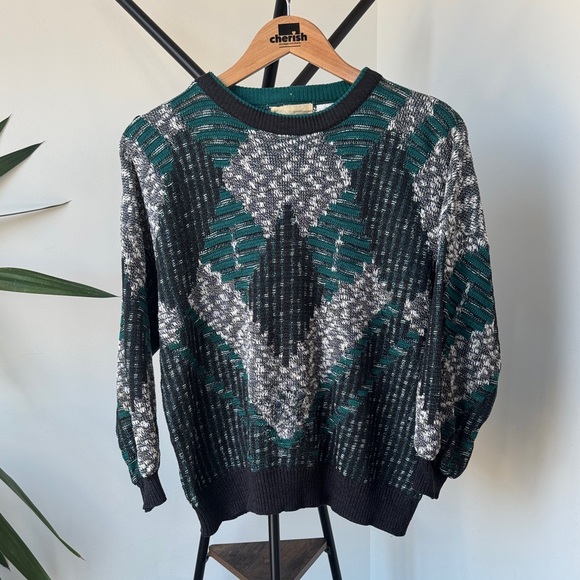VINTAGE Geometric Knit Sweater | Medium | Green/Grey - Picture 2 of 8